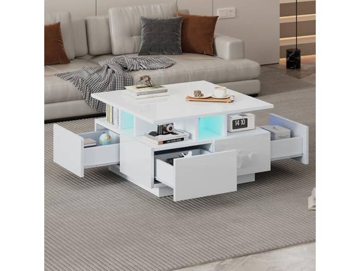 Merax LED Couchtisch 70x70x40 cm Hochglanz Weiß Couchtisch mit 4 Schubladen – Quadratischer Wohnzimmertisch mit App-Steuerung,Beistelltisch mit Stauraum