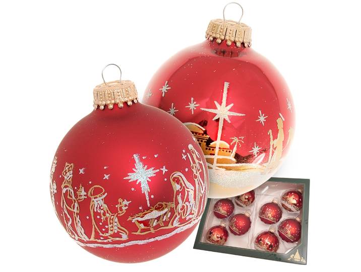 Weihnachtsbaumkugel KREBS GLAS LAUSCHA Heilige Nacht, Weihnachtsdeko rot, Christbaumschmuck , rot (rot, goldfarben), Ø:7cm, Glas, Weihnachtsbaumkugeln, Weihnachtsbaumkugel, hochwertige Christbaumkugeln aus Glas, mundgeblasen