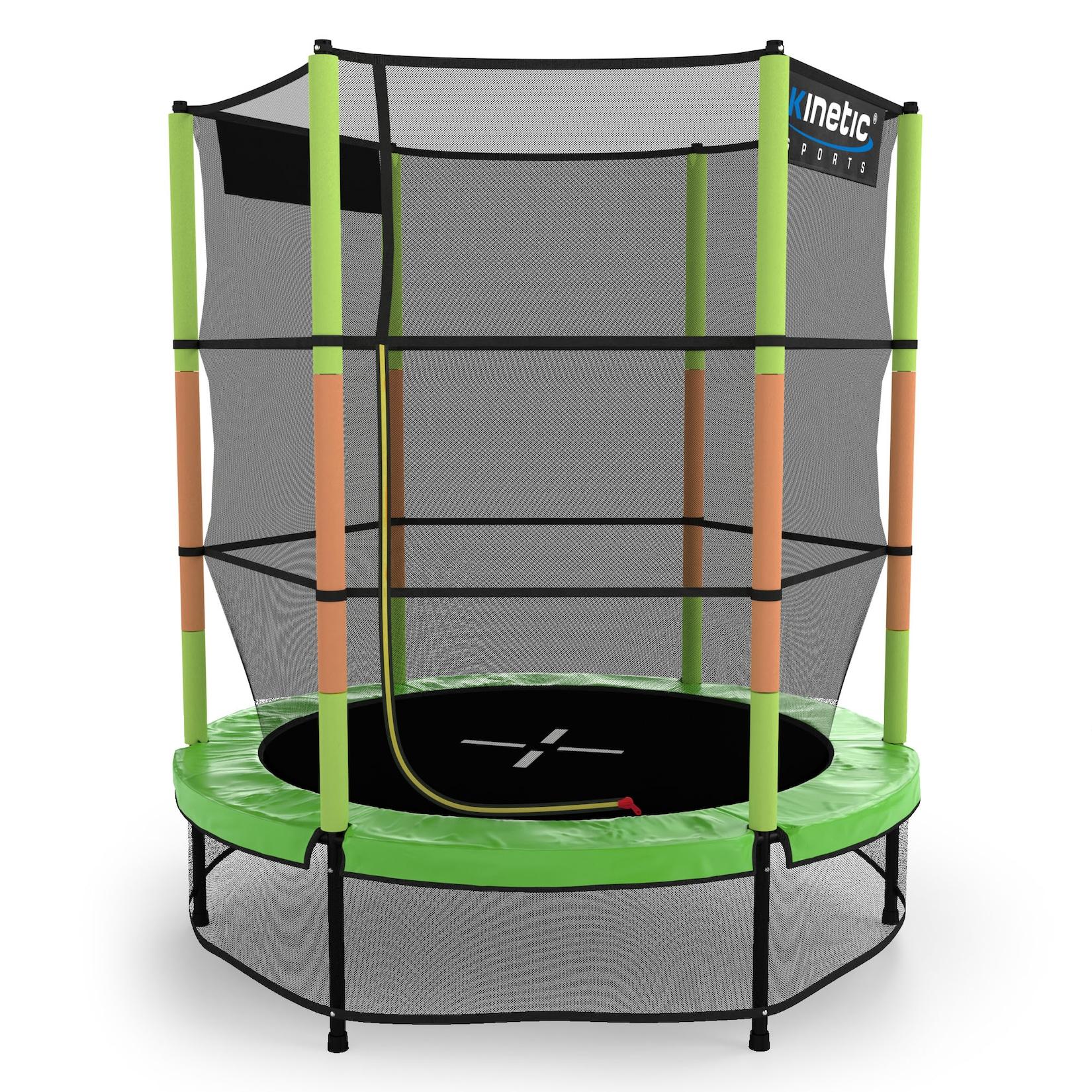 KINETIC SPORTS Kinder Trampolin JUMPER 140 cm - Inklusive Gummiseil Federung, Sicherheitsnetz mit Reißverschluss, Rahmenpolster, Schutz Bodennetz - Indoor Kindertrampolin Spielzeug Grün-Orange