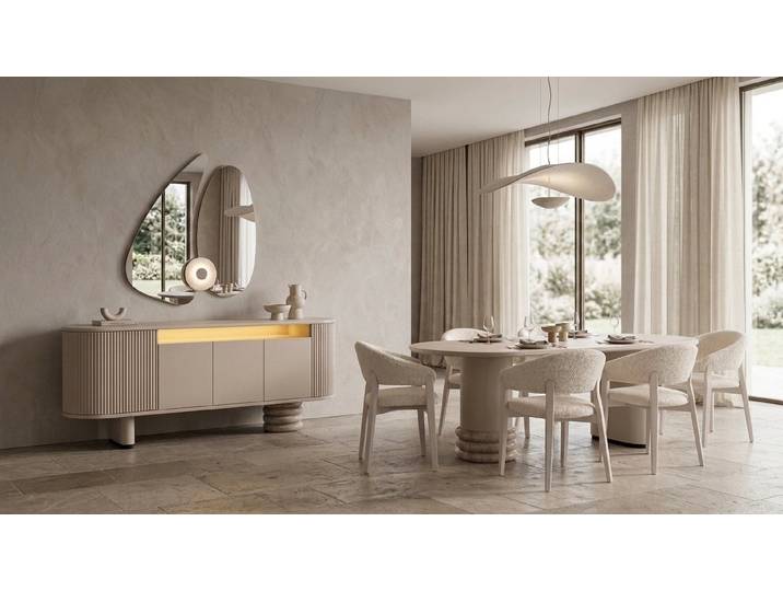 JVmoebel Esszimmer-Set Design Esszimmer Set Beige Modern Esstisch 6 Stühle Anrichte Luxus, (9-St., 9-tlg)