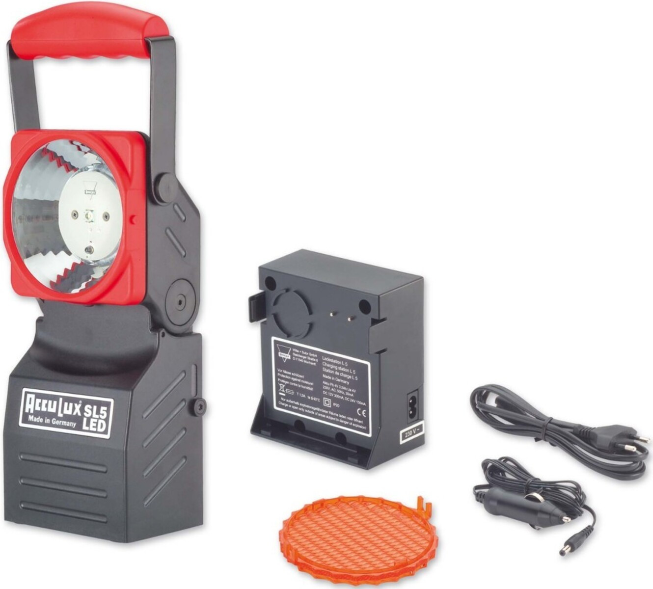 AccuLux SL5 LED werklamp en noodstroomlamp set, rood, lichtbereik 150 meter
