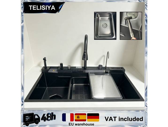 Évier de cuisine multifonctionnel en acier inoxydable avec cascade, disponible en plusieurs styles, grand évier simple avec robinet à affichage numérique