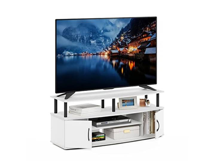 Furinno Jaya TV-Ständer für TVs bis 55 Zoll mit 2 Türen, Weiß TV-Möbel mit Kabeldurchführungen, Entertainment-Center, TV-Konsole für Wohn- und Schlafzimmer