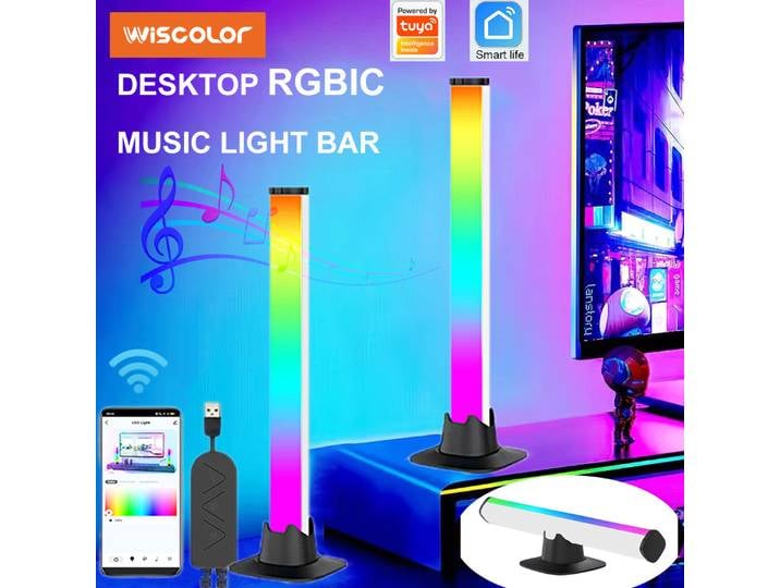 Barre lumineuse musicale RGBIC, bande lumineuse de bureau, contrôle par application, lampe d'ambiance USB pour jeu, chambre à coucher, rétro-éclairage TV