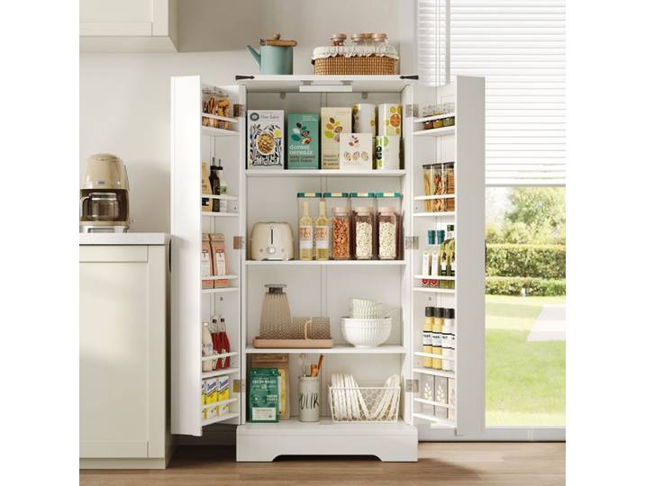 Buffet de cuisine blanc style campagne avec LED et étagères réglables