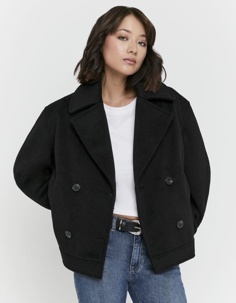 Kurzjacke TALLY WEIJL "SCOPEVAVIANA", Damen, Gr. L, schwarz, Web, Obermaterial: 92% Polyester, 8% Viskose, unifarben, oversize normal, ohne Ausschnitt, Jacken Kurzjacke, doppelreihig im oversized Fit mit breitem Revers schwarz L