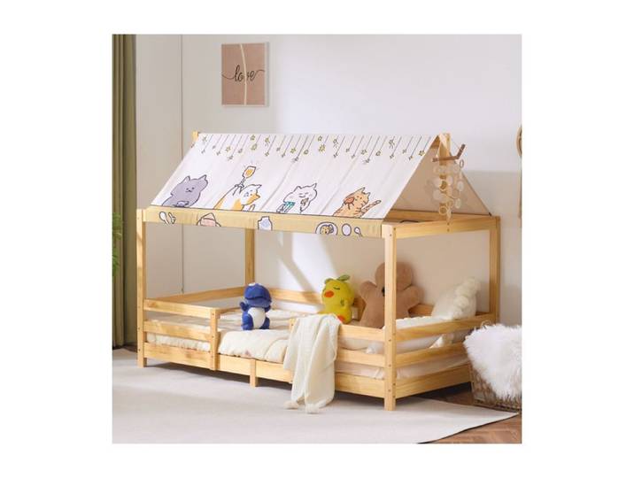 195x95x141cm Pine Wooden Kids Bed Frame with Fabric Canopy - Natural Wood Painted Finish House Bed for Children & Toddlers