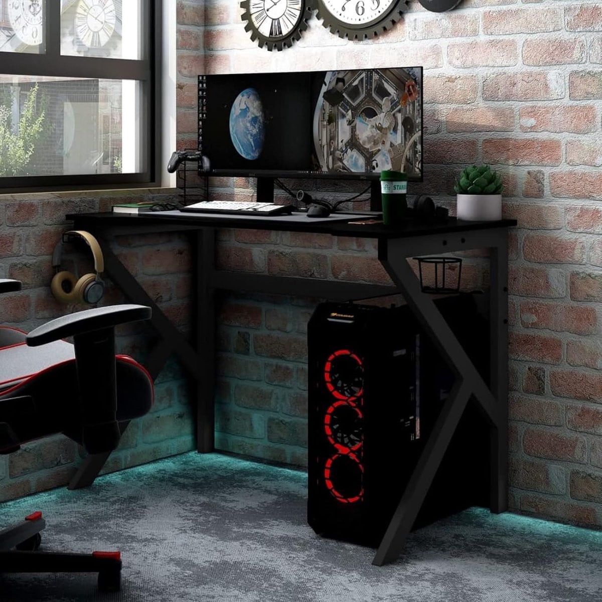 Zwart Gaming Bureau met Hoofdtelefoonhouder - B: 90 cm, D: 60 cm
