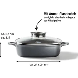Stoneline Eckpfanne 24x24 cm mit Aroma Glasdeckel, Pfanne rechteckig, Backofen, Induktion geeignet, Pfanne + Kochtopf, Schwarz