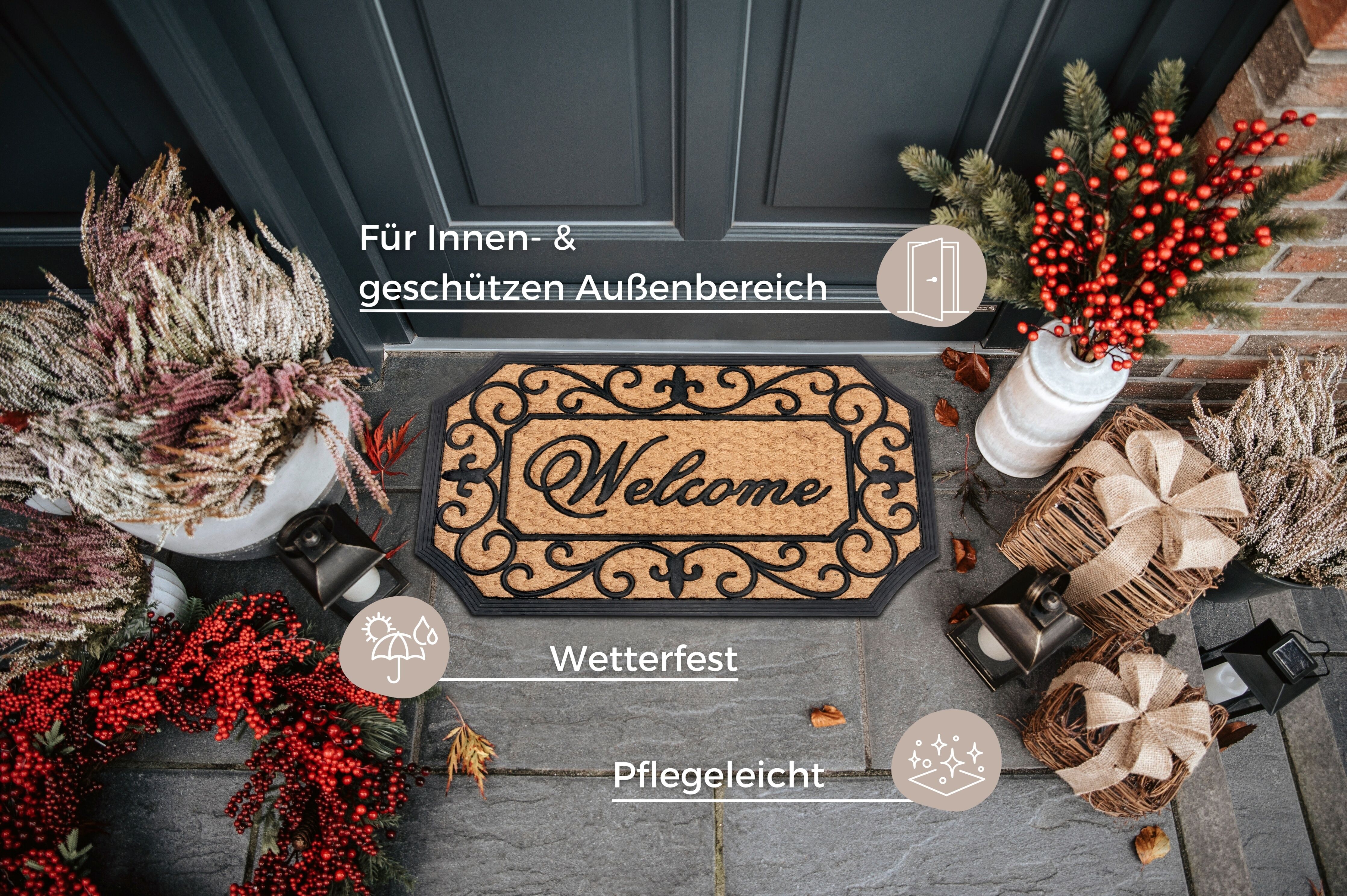 Fussmatte HANSE HOME "Gummi-Kokos Braided Classic Welcome Ornament, Türmatte", schwarz, B:45cm H:8mm L:75cm, Gummi, Kokos, Teppiche, Fussmatte, Kokos, Gummi, Schmutzfangmatte, Outdoor, Rutschfest, Innen, Kokosmatte schwarz B : 45cm 1 Stk., 8mm, L: 75cm