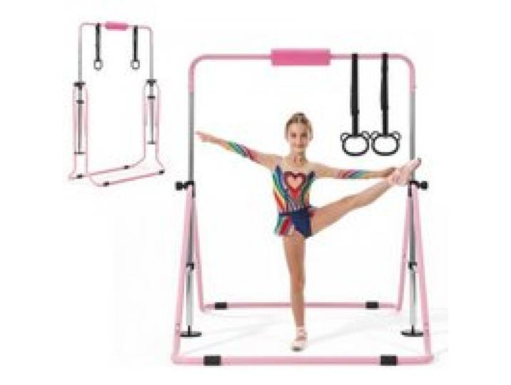 VEVOR Gymnastikstange für Kinder mit 63,5 kg Tragkraft, Klappbares Turnreck mit Turnringen, Höhenverstellbare Turnstange für Indoor- und Outdoor-Training, Heimtrainingsgerät für Kinderturnen, Pink