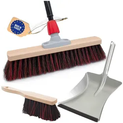 Straßenbesen Set 40 cm I Besen Kehrblech und Handfeger Teleskopstiel I Arenga-Elaston schwarz-rot I mit Stiel ausziehbar I Industriebesen Kehrbesen Gartenbesen Hofbesen