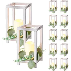 VEVOR 12er-Set, Holzlaternen, inkl. 12x Kerzenhaltern aus Holzlaternen, 12x flammenlosen LED-Kerzen, 12x Eukalyptusblätter-Kranz für Hochzeitstisch, Party, Bauernhaus-Dekoration, Weiß
