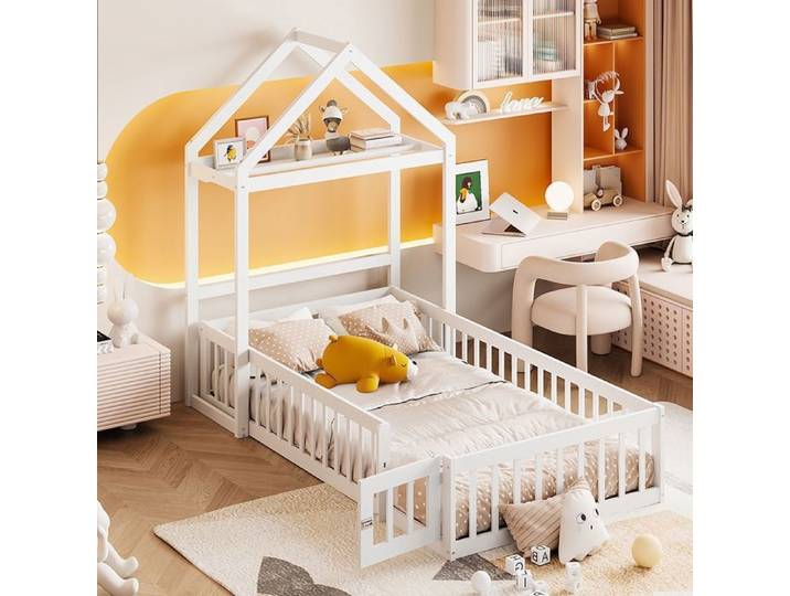 Lit cabane-SEYAKANY-90 x 200cm-Lit enfants avec espace de rangement barrière de sécurité complète et portes blanc