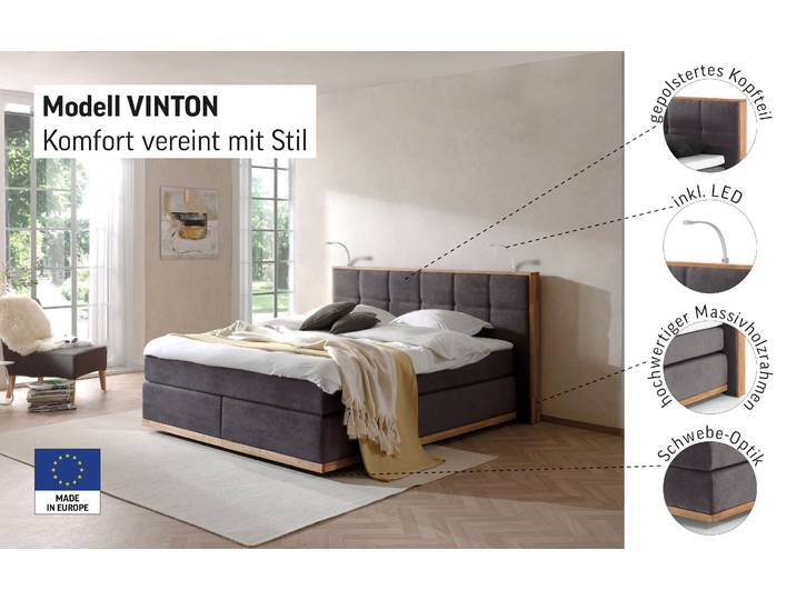 Boxspringbett, Grau, 200x213 cm, Polyester, Mit LED-Beleuchtung, Modern