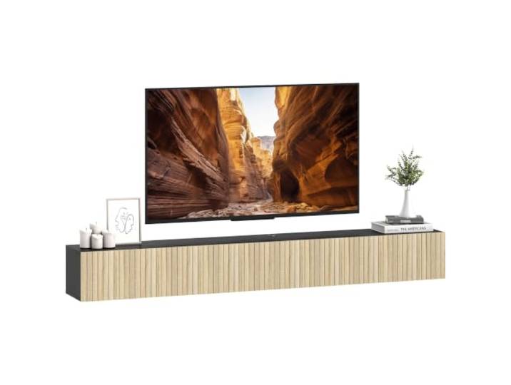 HOMCOM Wand-TV-Schrank 140cm für TVs 72 Zoll Natur Schwarz TV-Schrank, 2 geriffelte Klapptüren, schwebende Wand-TV-Bank, Wohnzimmer, Schlafzimmer