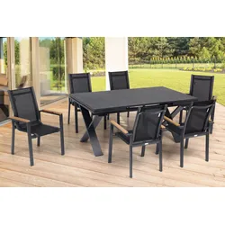 OUTFLEXX Garten-Essgruppe, OUTFLEXX® anthrazit matt, Alu / Spraystone / Teak, Tisch 180/280x100cm, 6 Stapelsessel