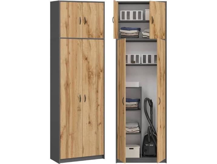 Armoire Haute Multi-usages 235 x 74 x 35 cm Graphite + Chêne Wotan Rangement Balai et Aspirateur