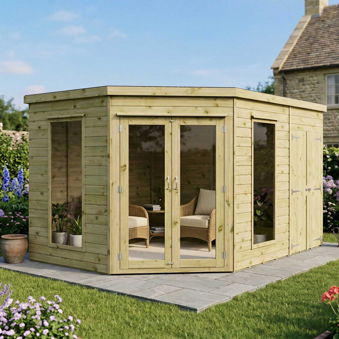 Mercia Garden Products Mercia 8 x 12ft Premium Corner Summerhouse With Side Shed