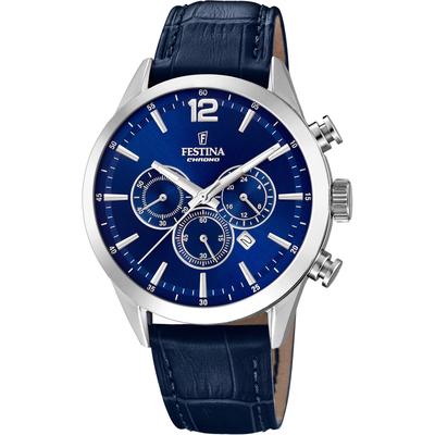 Chronograph FESTINA "Timeless Chronograph", blau (dunkelblau, blau, silberfarben), Armbanduhren, Herren, Chronograph, Armbanduhr, Quarzuhr, Herrenuhr, Stoppfunktion, Lederarmband