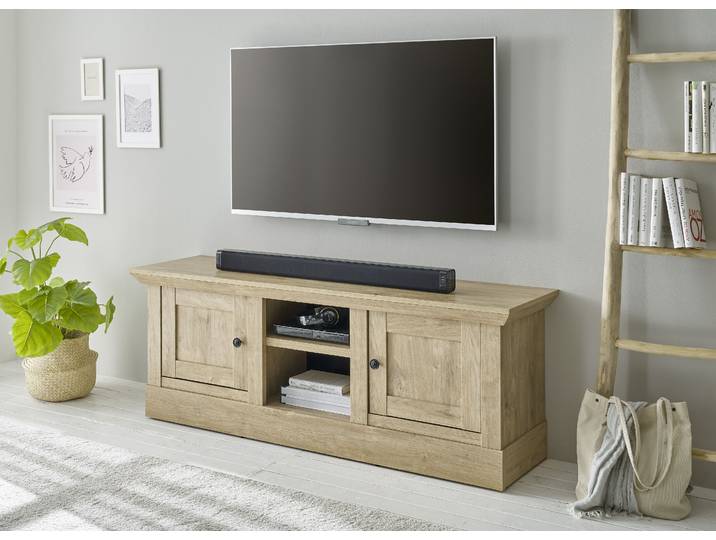 Lowboard HOME AFFAIRE Cornwall, Unterschrank im Landhausstil, Kommode, Eiche Dekor , braun (eiche), B:152cm H:55cm T:42cm, Holzwerkstoff, Sideboards, Lowboard, verschnörkelte Metallgriffe, offene Fächer und Türen, 152 cm breit
