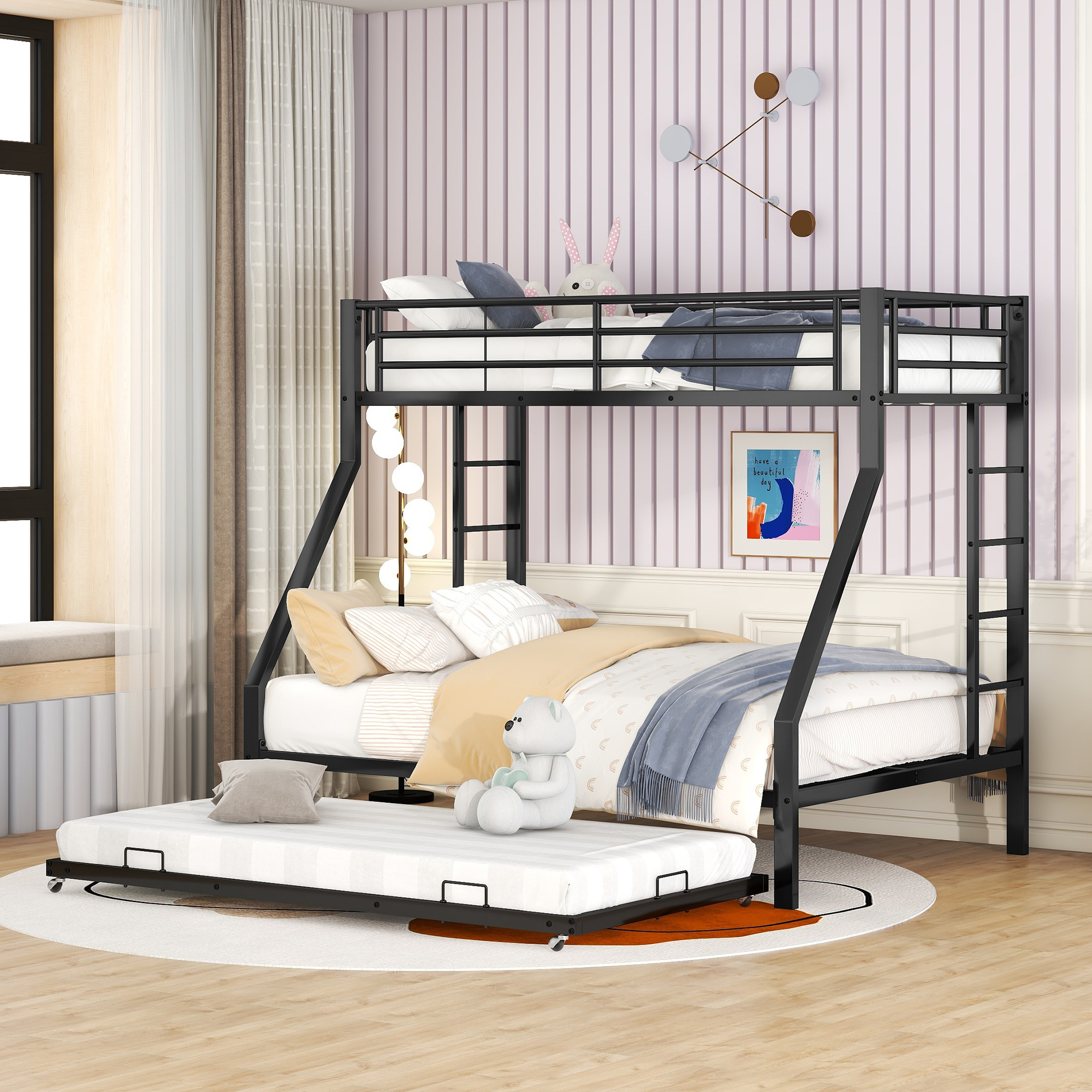 MODFU Etagenbett 140X200 mit 1*Matratze Kinderbett Hausbett Bettgestell für Kinder, Metallbett mit 4 Ablagefächern und einer Schreibtischplatte,schwarz