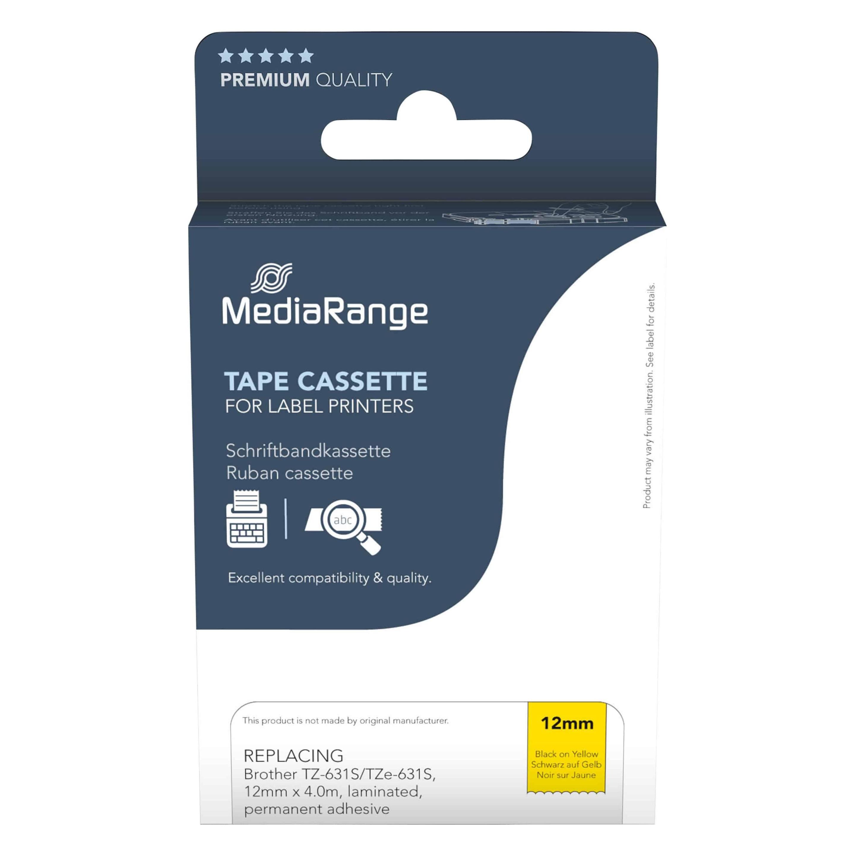 MediaRange Schriftbandkassette schwarz auf gelb 4m x 12mm (1.20 cm, Schwarz, Gelb) (MRBTZ631S)