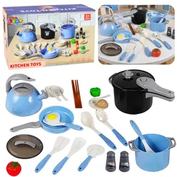 Küchenutensilien-Set, Töpfe, Bratpfanne, Wasserkocher, Zubehör, Blau, 32-teilig.