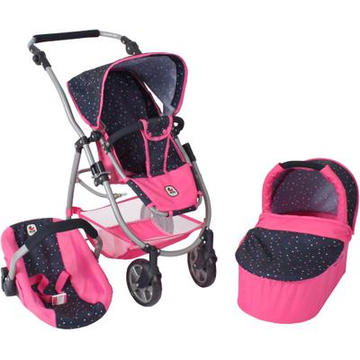 Kombi-Puppenwagen CHIC2000 "Emotion 2.0, Konfetti", blau (konfetti pink), Puppenwagen, KinderB:70cm H:81cm T:70cm, Kunststoff, Metall, Stoff, inkl. Babywanne, Sportwagenaufsatz und Autositz, B:70cm H:81cm T:70cm