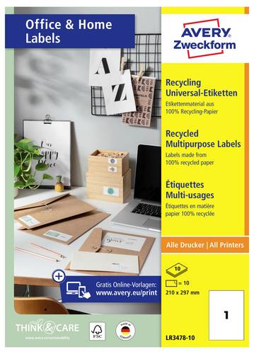 Avery-Zweckform LR3478-10 Universal-Etiketten 210 x 297mm Recycling-Papier Weiß 10 St. Permanent haftend Farblaserdrucker