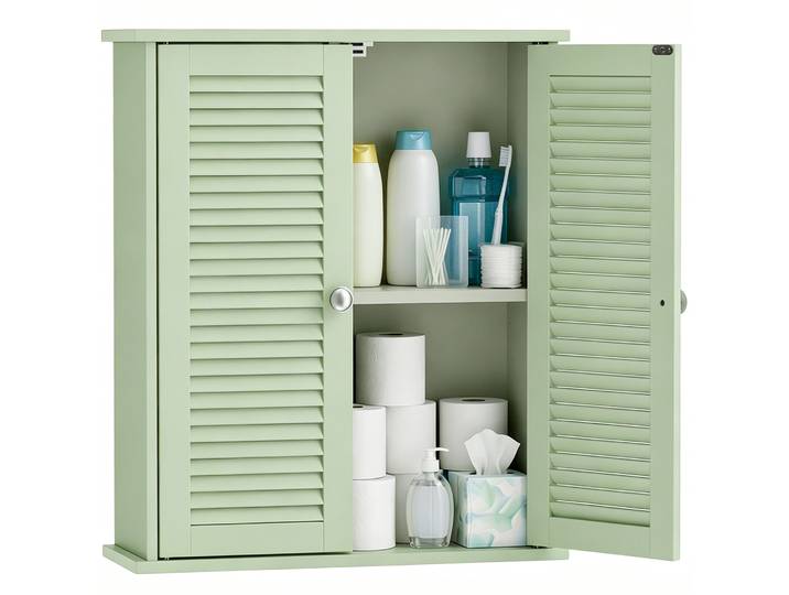Armoire Murale De Salle De Bain - Homcom - 2 Portes Persiennes Et Étagère Réglable - Bois - 60x20x70cm - Vert