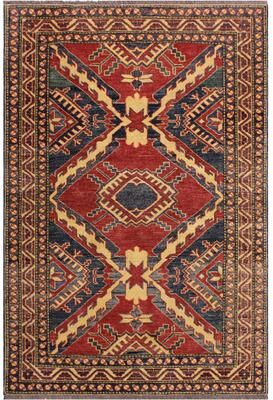 Treasured Knots Southwestern Super Kazak Ryker Red/Beige Hand Knotted Wool Rug - 3'8'' x 5'5''