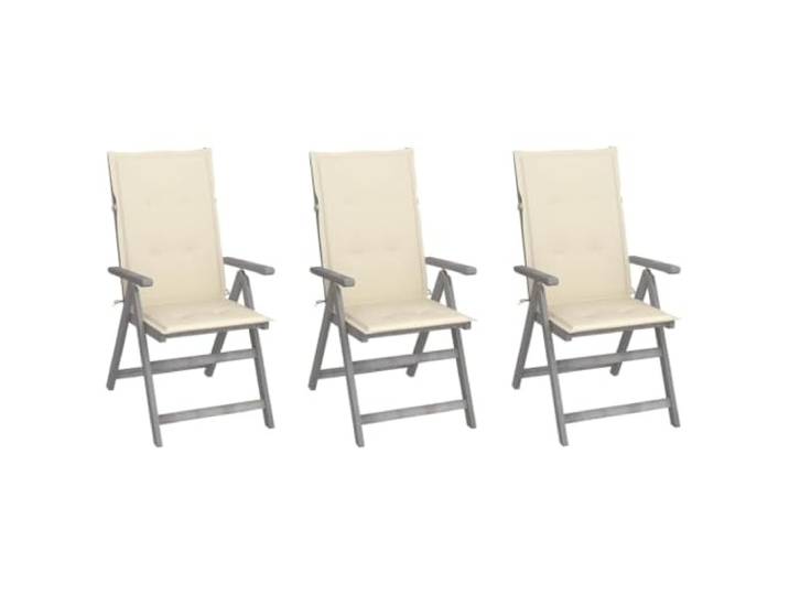 KUTYWEXFM Gartenstühle 3er Set Verstellbar Akazienholz Grau Bequeme Sitzgruppe für Balkon und Terrasse mit 5-fach neigbarer Lehne und passenden cremefarbenen Sitzauflagen.