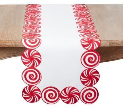 Saro "Peppermint Candy Christmas Table Runner - Candy Swirl Border Design for Christmas Dining & Winter Entertaining - 16""x70"""