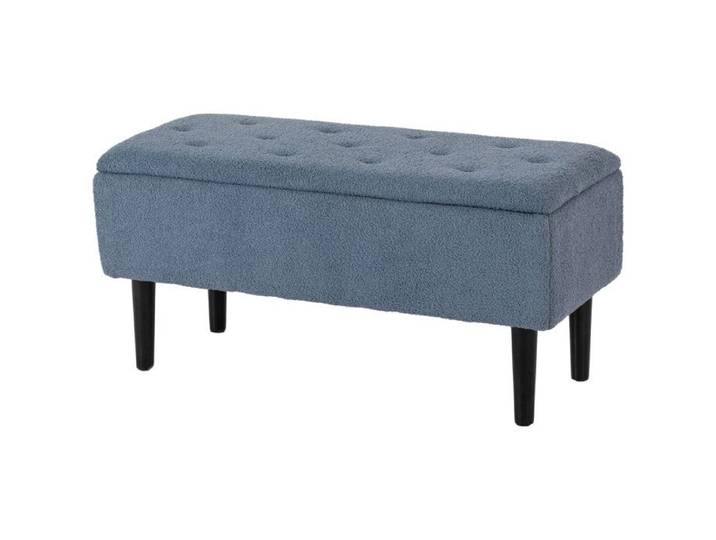 Banc coffre bleu 57 L - Revêtement bouclette et pieds en bois de caoutchouc - 95 x 38 x 45 cm - Bleu