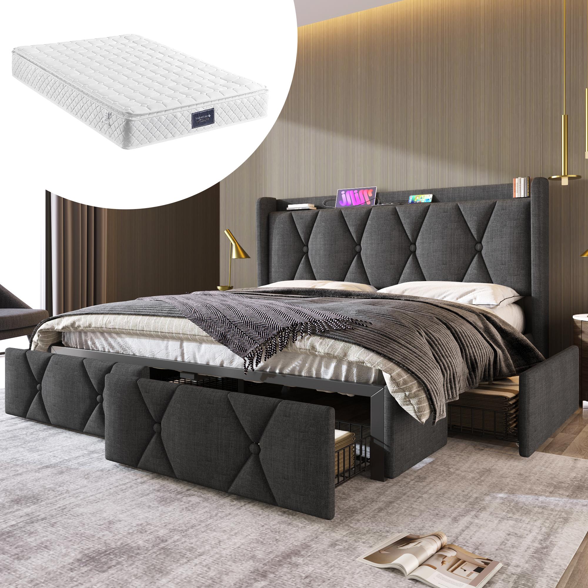 Polsterbett mit aufladen USB Ladefunktion Kopfteil und 4 Schubladen,Doppelbett 140x200cm Stauraumbetten Bettgestell, Lattenrost aus Holz