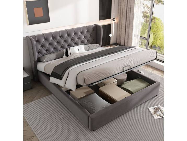 Lit rembourré en velours gris 140 x 190 cm avec rangement
