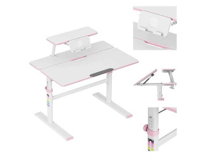 MARK ADLER Study 3.7 Kinderschreibtisch höhenverstellbar - 90x60 cm Für Kinder ab 6 Jahren · Höhenbereich 55–75 cm · Neigbare Tischplatte 40° · Mit Buchstütze und Ablage · Rose