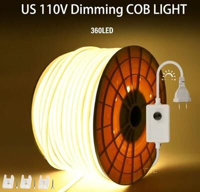 Uplifted Goods Flexible COB LED Strip Light For Indoor And Outdoor Lighting white (6000k) us Plug 110v Dimming 35m