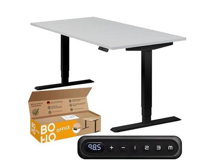 boho office® Homedesk Schreibitsch elektisch höhenverstellbar Homedesk - Tischgestell Schwarz, Tischplatte 140x80 Lichtgrau - 2 Motoren, Memoryfunktion, Kollisionsschutz, Kindersicherung