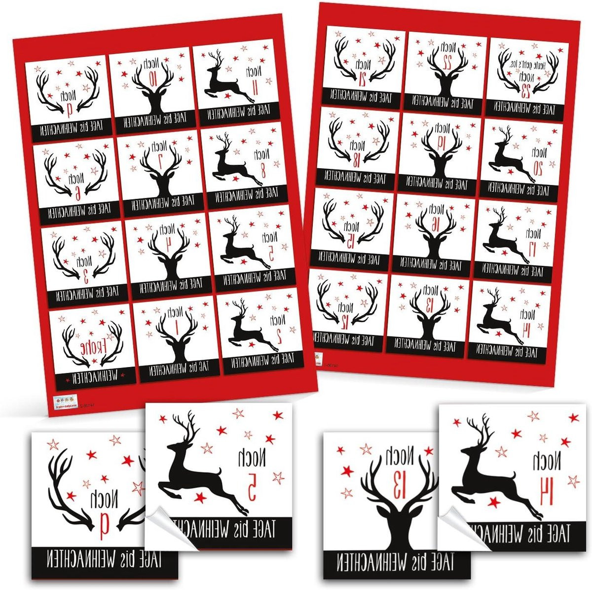Adventskalender Cijfers Kerst Stickers met Herten Motief - 6 x 6 cm