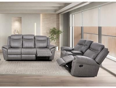 Esofastore Loveseat Chair Sofa Recliner Set Gray Finish Storage Center Console