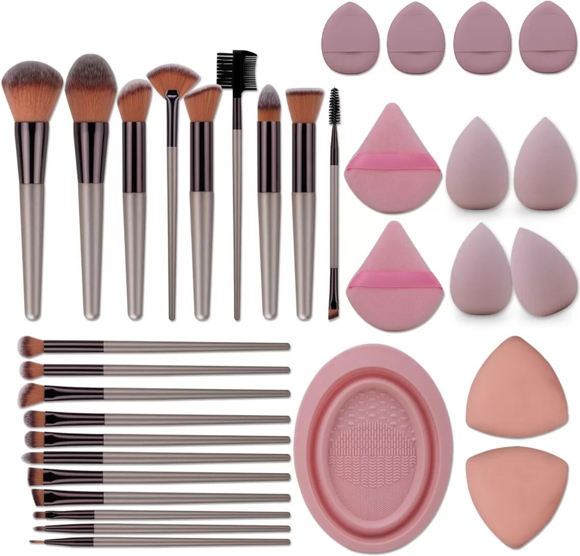 INF 20-teiliges Make-up Pinselset mit Reinigungsschale, 8 Puderquasten & 4 Beauty-Schwämmen - Komplettes Kosmetik-Werkzeugset