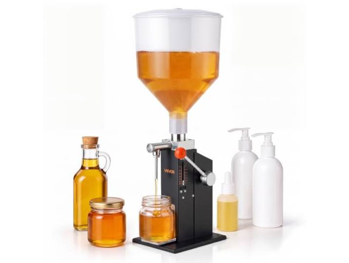 VEVOR Manuelle Abfüllmaschine 5-60 ml Flüssigkeitsfüller mit 10 L Trichter Abfüllanlage für Getränke Öl Honig Shampoo & Lotion, Kohlenstoffstahlgehäuse, Tropfschutzdüse, Verstellbarer Flaschenständer