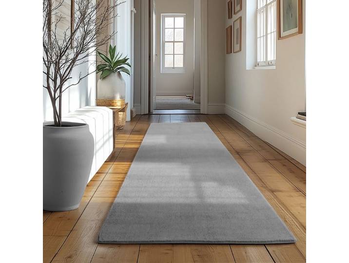 Tapis SIMPEX Runner 80x250 cm Poils Courts Lavable Antidérapant et Doux Design Moderne pour Chambre Argent