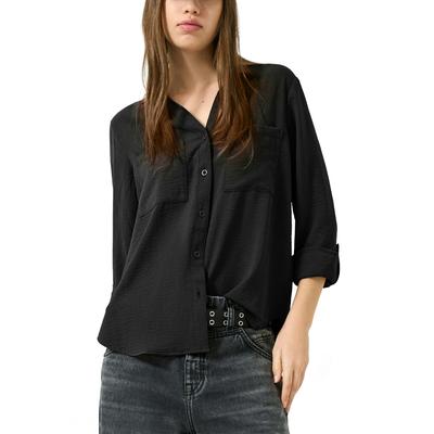 Langarmbluse QS, Damen, Gr. 32, schwarz, Web, Obermaterial: 100% Polyester, unifarben, tailliert hüftbedeckend, V-Ausschnitt, mit Knopf krempelbar,mit Knöpfen, Blusen, mit Knopfleiste und Brusttaschen