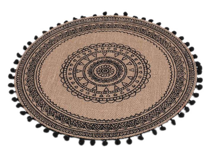 Rundes Tischset aus Jute, mit Bommel, braun, schwarzes Muster 38 x 38 cm