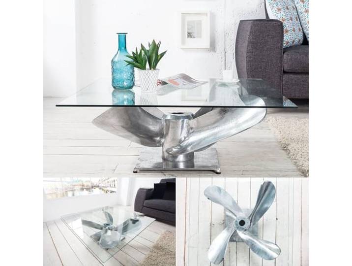 LEBENSwohnART Design Couchtisch ELICA 70cm Silber Aluminium Schiffsschraube Maritim Glasplatte