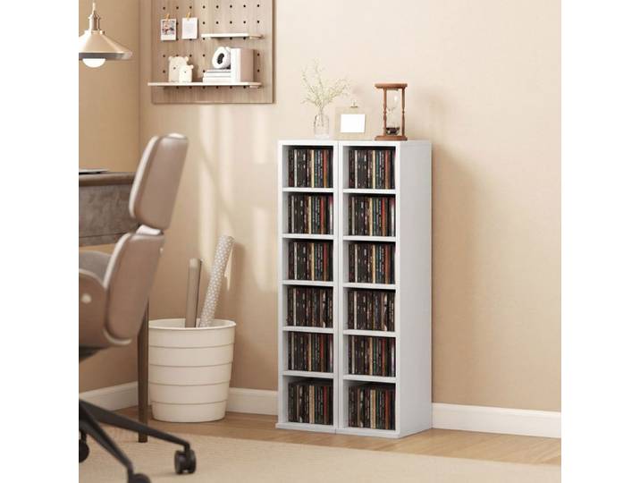 Lot de 2 étagères colonnes armoire de rangement CD-DVD 12 compartiments 21 x 22 5 x 88 5 cm capacité 204 CD blanc