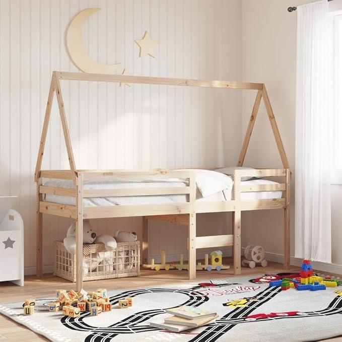 Hochbett mit Dach 75x190 cm aus Massivholz Kiefer Kinderbett mit Stauraum und offener Seite für Kinderzimmer, Jugendzimmer, Gästezimmer, Schlafzimmer, Apartment oder Hotel